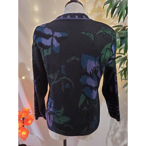Rodier Vintage 80s Women's M/L Wool Blend Floral Knit Button-Up Cardigan Sweater - Picture 3 of 8
